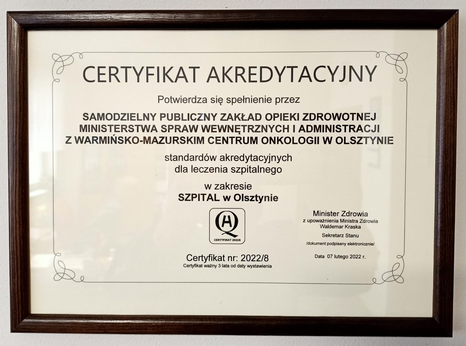 Certyfikat akredytacyjny Ministerstwa Zdrowia 2022