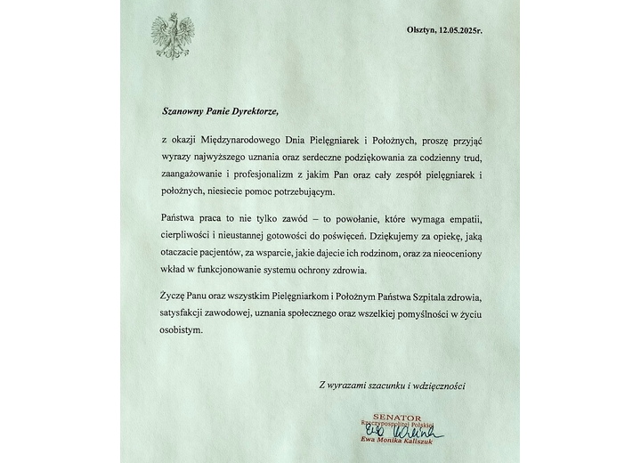 Życzenia Senator RP Ewy Kaliszuk z okazji Międzynarodowego Dnia Pielęgniarek i PołożnychŻyczenia Senator RP Ewy Kaliszuk z okazji Międzynarodowego Dnia Pielęgniarek i Położnych