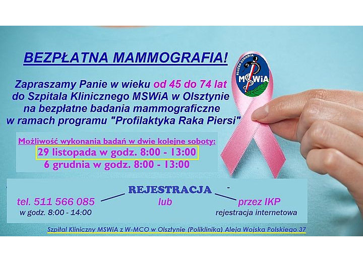 Już jutro bezpłatne badania mammograficzne w dniu wolnym od pracy...
