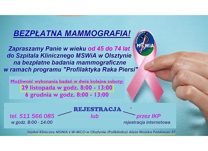 Już jutro bezpłatne badania mammograficzne w dniu wolnym od pracy...