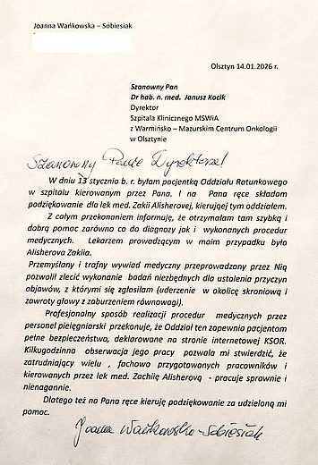 Zasłużone podziękowanie dla kadry KSOR Szpitala Klinicznego MSWiA w Olsztynie