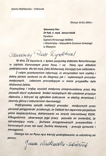 Zasłużone podziękowanie dla kadry KSOR Szpitala Klinicznego MSWiA w Olsztynie