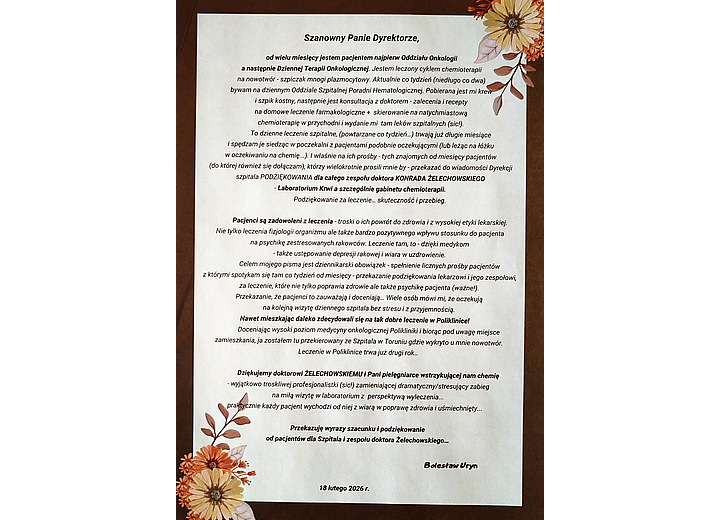 Szanowny Panie Dyrektorze... - podziękowanie od wdzięcznego Pacjenta