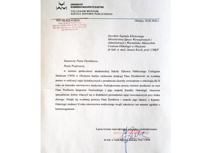 Podziękowanie dla kadry medycznej SK MSWiA z W-MCO w Olsztynie