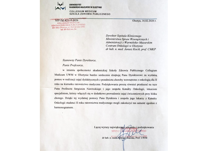 Podziękowanie dla kadry medycznej SK MSWiA z W-MCO w Olsztynie